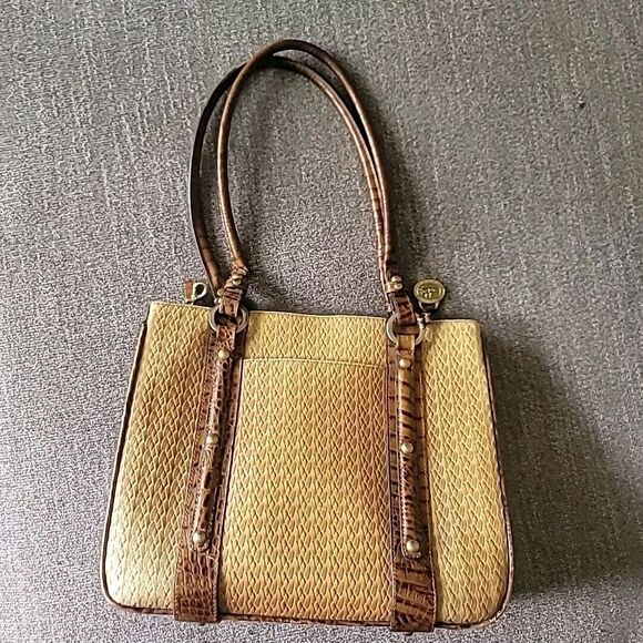 Brahmin Brown Tan Alligator Trim Double Handle Bucket Handbag Purse - Picture 8 of 16